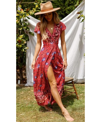 Women's Summer Short Sleeve Floral Print Bohemian Beach Waist Tie Wrap Long Flowy Dress with Slit Red1 $13.42 Dresses