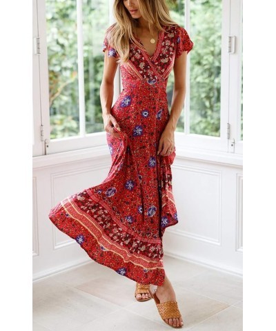 Women's Summer Short Sleeve Floral Print Bohemian Beach Waist Tie Wrap Long Flowy Dress with Slit Red1 $13.42 Dresses