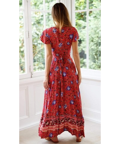 Women's Summer Short Sleeve Floral Print Bohemian Beach Waist Tie Wrap Long Flowy Dress with Slit Red1 $13.42 Dresses