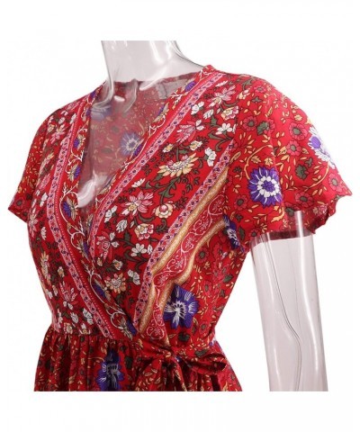 Women's Summer Short Sleeve Floral Print Bohemian Beach Waist Tie Wrap Long Flowy Dress with Slit Red1 $13.42 Dresses