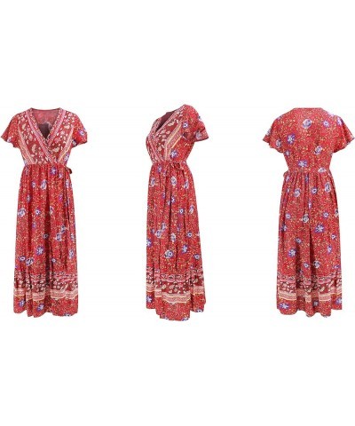 Women's Summer Short Sleeve Floral Print Bohemian Beach Waist Tie Wrap Long Flowy Dress with Slit Red1 $13.42 Dresses