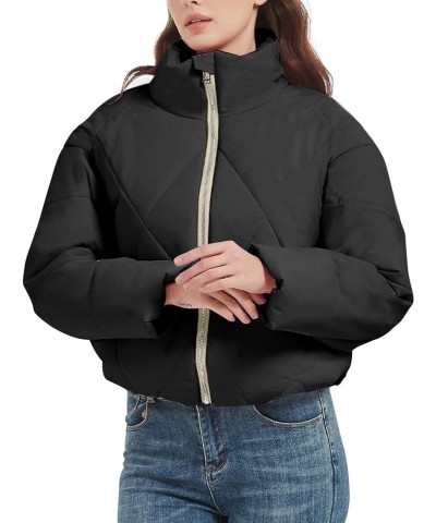 Women Puffer Jacket Color Clash Zipper Coat Stand Collar Winter Quilted Outwear with Pockets Black $15.04 Jackets