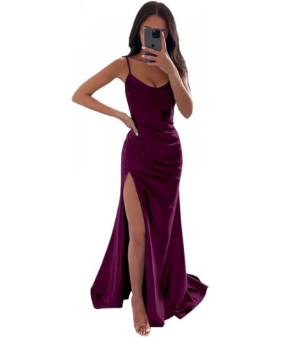 Satin Prom Dresses Long with Slit Cowl Neck Pleated A-Line Formal Gown Bridesmaid Dresses for Women Plum $34.19 Dresses