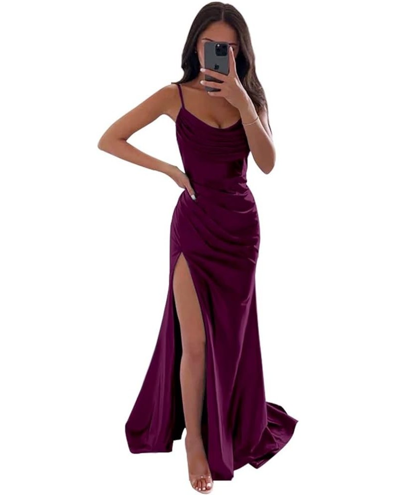 Satin Prom Dresses Long with Slit Cowl Neck Pleated A-Line Formal Gown Bridesmaid Dresses for Women Plum $34.19 Dresses