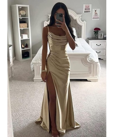 Satin Prom Dresses Long with Slit Cowl Neck Pleated A-Line Formal Gown Bridesmaid Dresses for Women Plum $34.19 Dresses