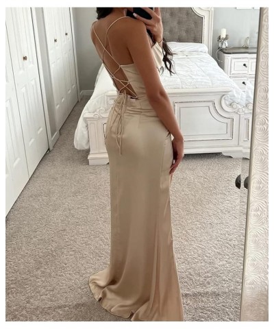 Satin Prom Dresses Long with Slit Cowl Neck Pleated A-Line Formal Gown Bridesmaid Dresses for Women Plum $34.19 Dresses