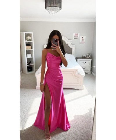 Satin Prom Dresses Long with Slit Cowl Neck Pleated A-Line Formal Gown Bridesmaid Dresses for Women Plum $34.19 Dresses