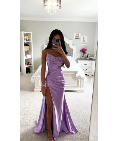 Satin Prom Dresses Long with Slit Cowl Neck Pleated A-Line Formal Gown Bridesmaid Dresses for Women Plum $34.19 Dresses