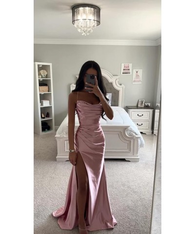 Satin Prom Dresses Long with Slit Cowl Neck Pleated A-Line Formal Gown Bridesmaid Dresses for Women Plum $34.19 Dresses