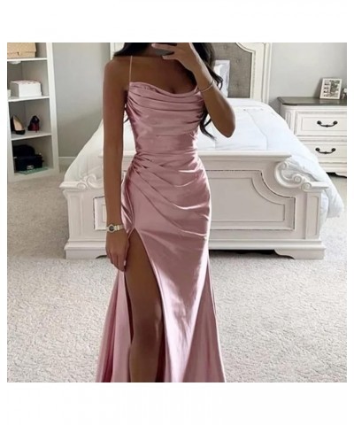 Satin Prom Dresses Long with Slit Cowl Neck Pleated A-Line Formal Gown Bridesmaid Dresses for Women Plum $34.19 Dresses