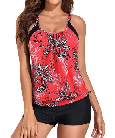 Double Layer Tankini Swimsuits for Women Blouson Swim Top with Boy Shorts Athletic Two Piece Bathing Suits Flower Red $22.25 ...