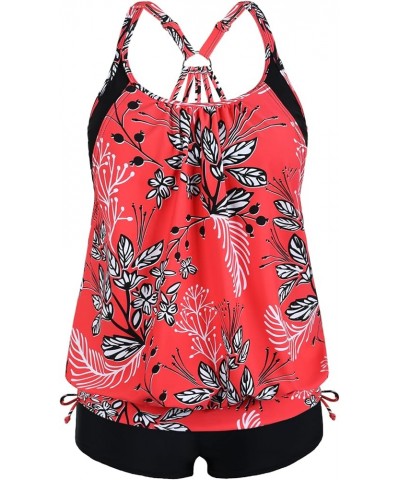 Double Layer Tankini Swimsuits for Women Blouson Swim Top with Boy Shorts Athletic Two Piece Bathing Suits Flower Red $22.25 ...