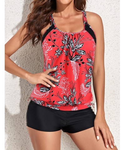 Double Layer Tankini Swimsuits for Women Blouson Swim Top with Boy Shorts Athletic Two Piece Bathing Suits Flower Red $22.25 ...