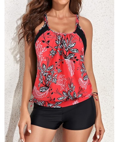 Double Layer Tankini Swimsuits for Women Blouson Swim Top with Boy Shorts Athletic Two Piece Bathing Suits Flower Red $22.25 ...