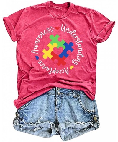 Autism Awareness Shirts Women Autistic Support Tshirt Puzzle Piece Heart Graphic Inspirational Tops Pink $10.19 T-Shirts