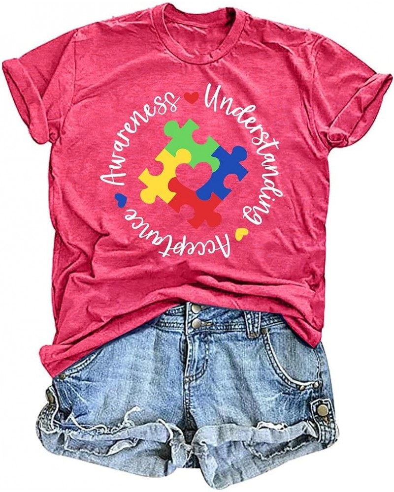 Autism Awareness Shirts Women Autistic Support Tshirt Puzzle Piece Heart Graphic Inspirational Tops Pink $10.19 T-Shirts