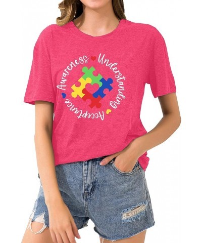 Autism Awareness Shirts Women Autistic Support Tshirt Puzzle Piece Heart Graphic Inspirational Tops Pink $10.19 T-Shirts