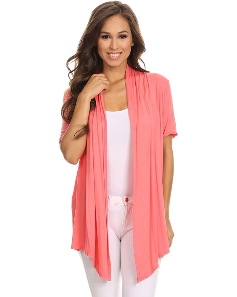 Women's Casual Basic Short Sleeves Open Front Draped Solid Cardigan Mcd00087 Coral2 $13.17 Sweaters