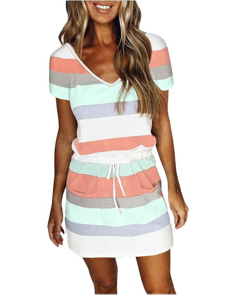 Women Summer Dresses 2024 Casual Stripe Sleeveless Sexy V Neck Spaghetti Straps Sling Dress Drawstring Mini Sundress 33-mint ...