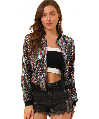 Women's Sequin Jacket Valentine's Day Long Sleeve Zipper Fahion 2023 Shiny Glitter Sparkly Bomber Jackets Rainbow $24.74 Jackets