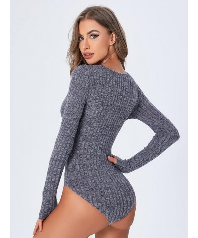 Women's Long Sleeve Bodysuit Tops Wrap V Neck Ribbed Knit Jumpsuit Navy Blue $14.83 Bodysuits