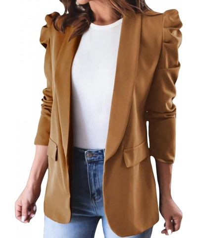 Womens Casual Blazers Puff Sleeve Open Front Office Long Sleeve Fall Bussiness Blazer Jackets Work Suit with Pockets 3-khaki ...