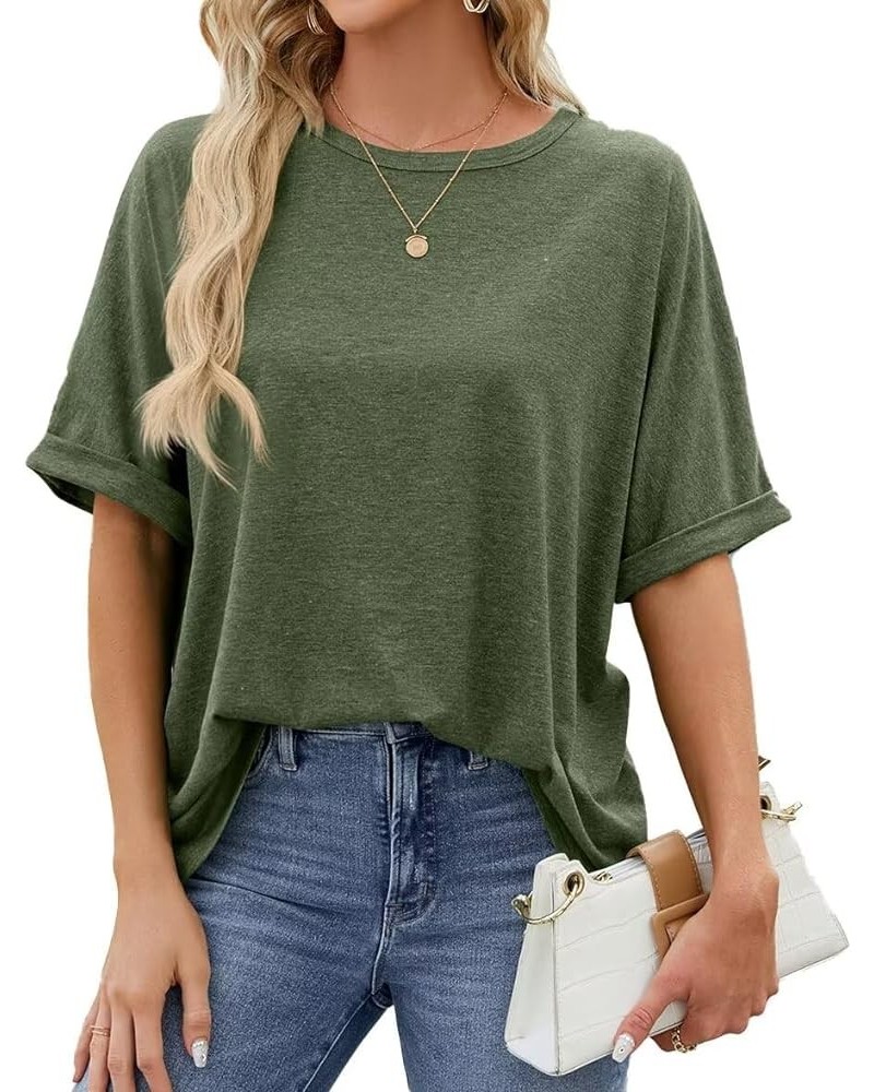 Oversized T Shirts for Women Formal Round Neck Rolled Short Sleeve Casual Blouse 2024 Classy Solid Color Tee Tops C01-army Gr...