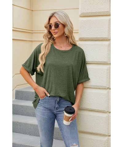 Oversized T Shirts for Women Formal Round Neck Rolled Short Sleeve Casual Blouse 2024 Classy Solid Color Tee Tops C01-army Gr...