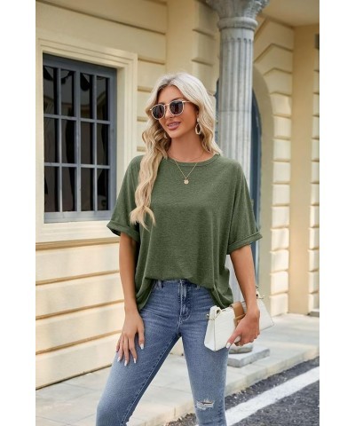 Oversized T Shirts for Women Formal Round Neck Rolled Short Sleeve Casual Blouse 2024 Classy Solid Color Tee Tops C01-army Gr...