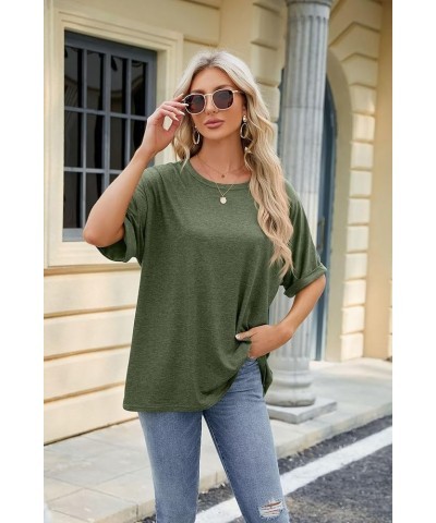 Oversized T Shirts for Women Formal Round Neck Rolled Short Sleeve Casual Blouse 2024 Classy Solid Color Tee Tops C01-army Gr...