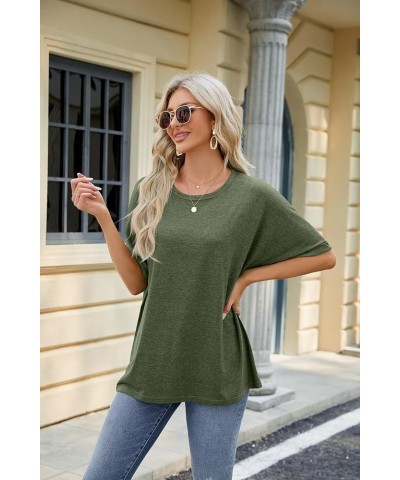 Oversized T Shirts for Women Formal Round Neck Rolled Short Sleeve Casual Blouse 2024 Classy Solid Color Tee Tops C01-army Gr...