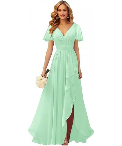 Short Sleeves Bridesmaid Dresses for Wedding with Slit Ruffle V Neck Chiffon Long Formal Dress Mint Green $30.75 Dresses