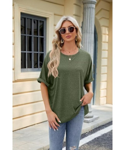 Oversized T Shirts for Women Formal Round Neck Rolled Short Sleeve Casual Blouse 2024 Classy Solid Color Tee Tops C01-army Gr...