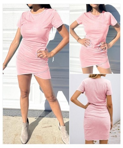 Women's 2024 Summer Casual Beach Dresses Crew Neck Short Sleeve Wrap Party Club Mini Ruched Bodycon T Shirt Dress Pink $16.28...