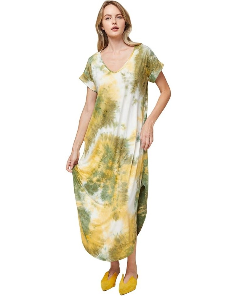 Women's V Neck Short Sleeve Pocket Maxi Dress Olive Combo $23.80 Dresses