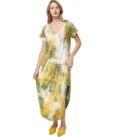 Women's V Neck Short Sleeve Pocket Maxi Dress Olive Combo $23.80 Dresses