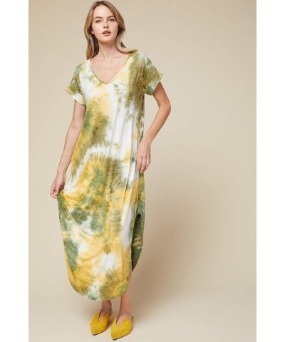 Women's V Neck Short Sleeve Pocket Maxi Dress Olive Combo $23.80 Dresses