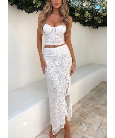 Women Bodycon Maxi Skirt Sets 2 Piece Outfits Floral Y2k Camisole Crop Top Midi Long Skirt Matching Suit Sexy Clubwear A Whit...