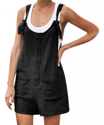 Women's Shorts Overalls Casual Summer Womens Sleeveless Cotton Linen Romper Overalls Bib Jumpsuit Shorts With Pockets Z1-blac...