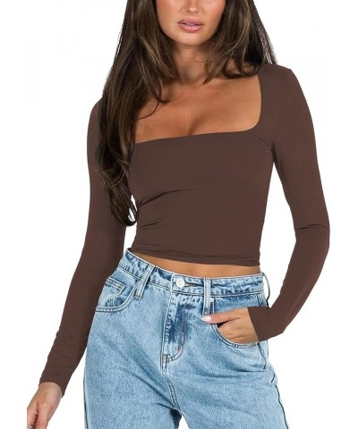 Women Double Line Square Neck Long Sleeve Crop Tee Shirt Skinny Fit Fall Clothes Gym T Shirt Top Yoga Casual Brown $7.79 T-Sh...