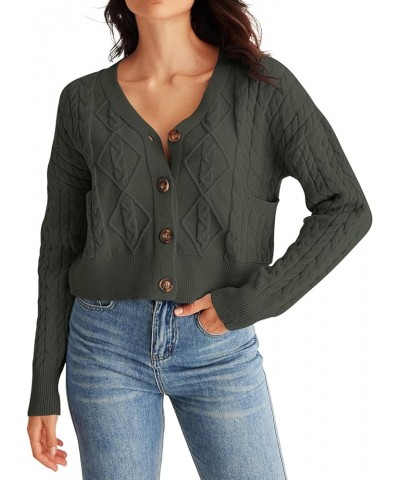 Women's Long Sleeve Open Front Cable Knit Crop Cardigans V Neck Button Sweaters with Pockets Charcoal $14.22 Sweaters