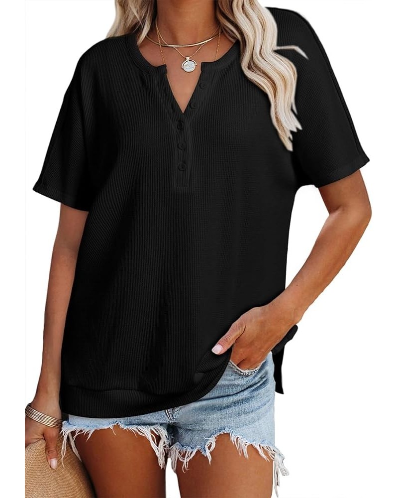 Womens Casual Short Sleeve Waffle Knit V Neck Button Down Shirts Side Slits Loose Tunic Tops Blouses Black $12.99 Tops