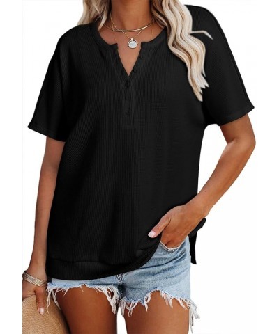 Womens Casual Short Sleeve Waffle Knit V Neck Button Down Shirts Side Slits Loose Tunic Tops Blouses Black $12.99 Tops