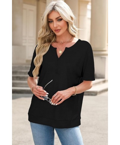 Womens Casual Short Sleeve Waffle Knit V Neck Button Down Shirts Side Slits Loose Tunic Tops Blouses Black $12.99 Tops