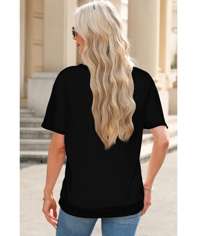 Womens Casual Short Sleeve Waffle Knit V Neck Button Down Shirts Side Slits Loose Tunic Tops Blouses Black $12.99 Tops