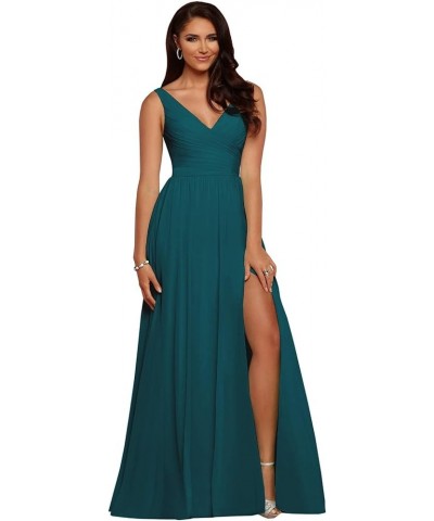 Women's V Neck Bridesmaid Dresses with Slit Chiffon Pleated Formal Evening Party Dress Teal $37.09 Dresses