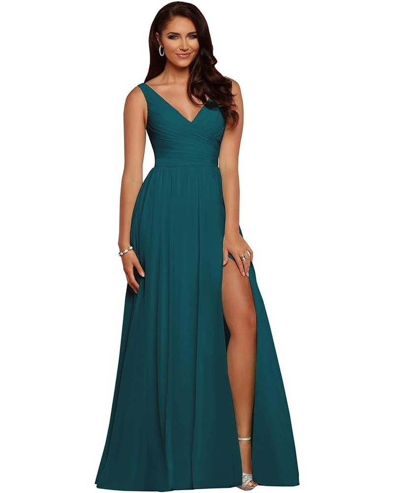 Women's V Neck Bridesmaid Dresses with Slit Chiffon Pleated Formal Evening Party Dress Teal $37.09 Dresses