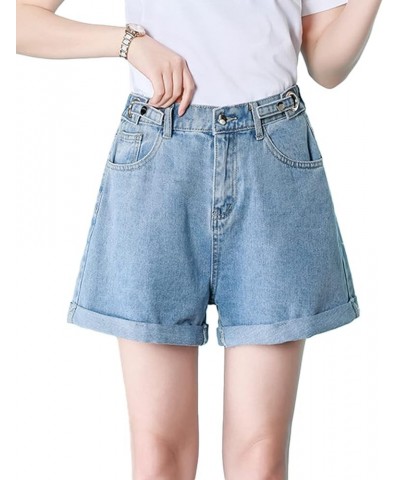 Women's Summer Casual Button Adjustable Elastic Waist Denim Loose Wide Leg Rolled Up Shorts Blue $13.80 Shorts