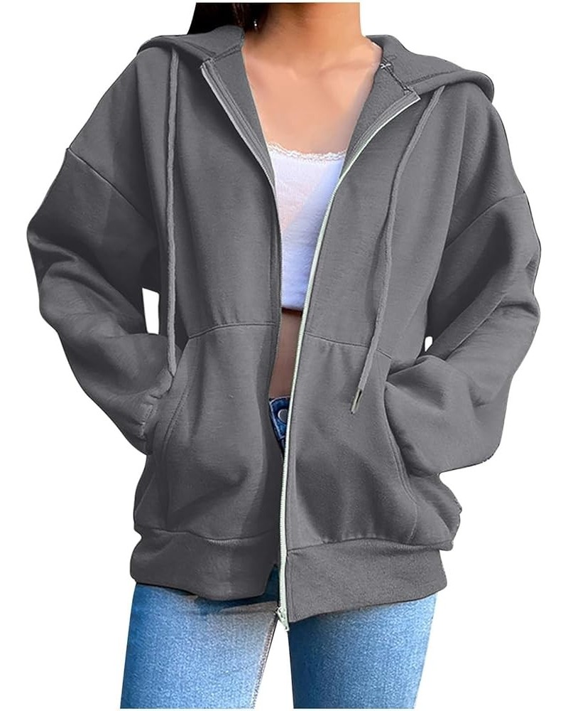 Womens Zip Up Hoodies 2023 Trendy Casual Oversize Coats Loose Fit Drawstring Sweatshirts Fall Solid Color Jackets A01-dark Gr...