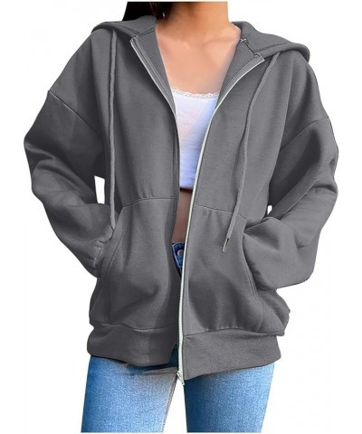 Womens Zip Up Hoodies 2023 Trendy Casual Oversize Coats Loose Fit Drawstring Sweatshirts Fall Solid Color Jackets A01-dark Gr...